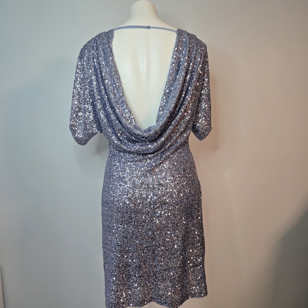 Premier Amour Blue Sequin Mini Dress Draped Back Size 6